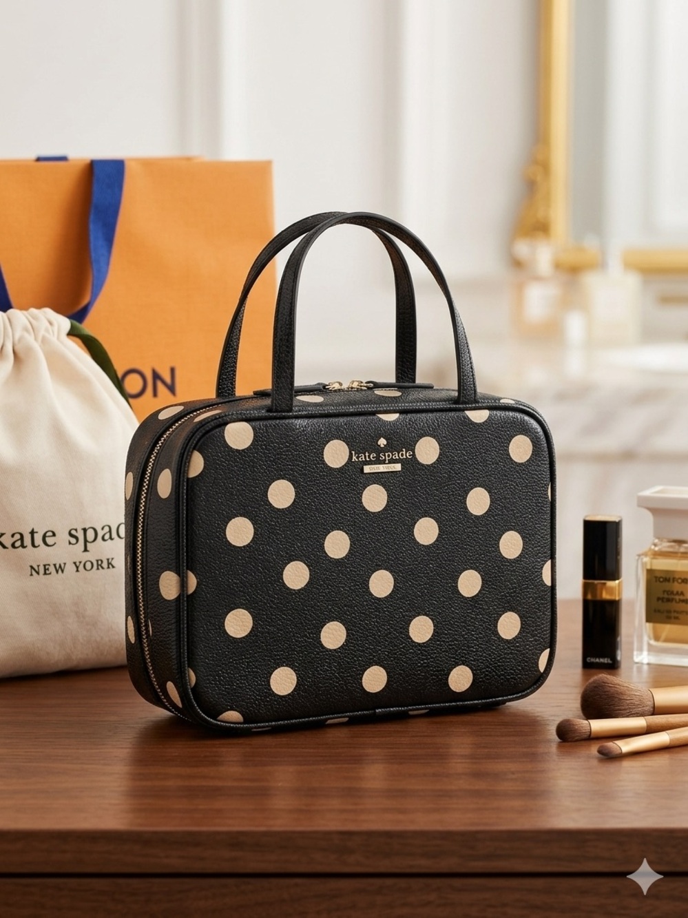 kate spade Black with Cream Polka Dot Top-Handle Cosmetic Case
